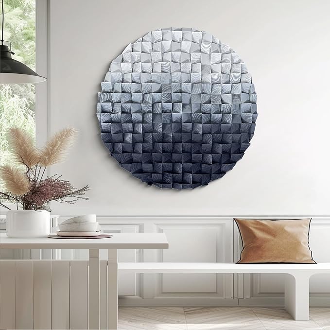 LIUZEYUE Large Round Wood Wall Art Featuring Sculptural Gray Gradient | extra large round wood wall art; silver gray and black, visual rhythm; restaurant banquet round focal wall; 47.2 in diameter - Image 8