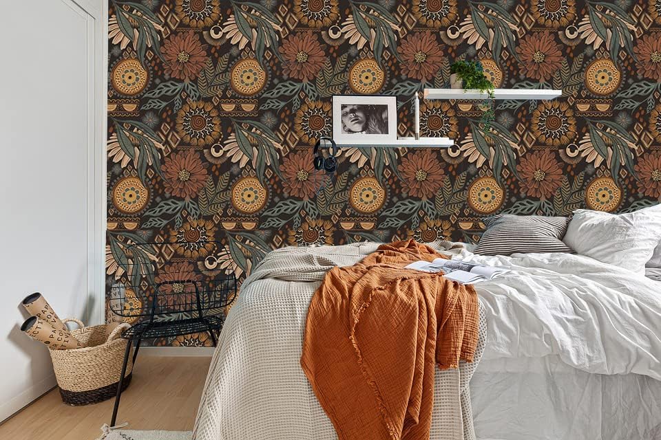 HAOKHOME Boho Peel and Stick Wallpaper Floral Botanical 17.3in x 32.8ft | Renter Friendly Removable Vintage Textured Wall Paper Retro Brown Green Vintage Cottagecore for Bedroom Bathroom Accent Wall - Image 3