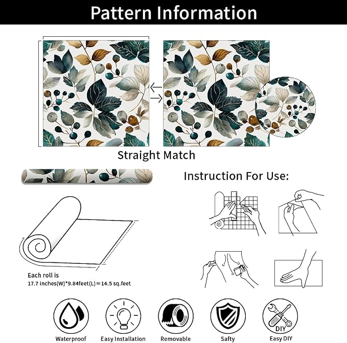 Green Leaves Removable Self-Adhesive Wallpaper for Bedroom & Living Room Decor 17.7×118 Inch,Waterproof Wall Covering for Accent Walls, Apartment, Nursery - Image 9