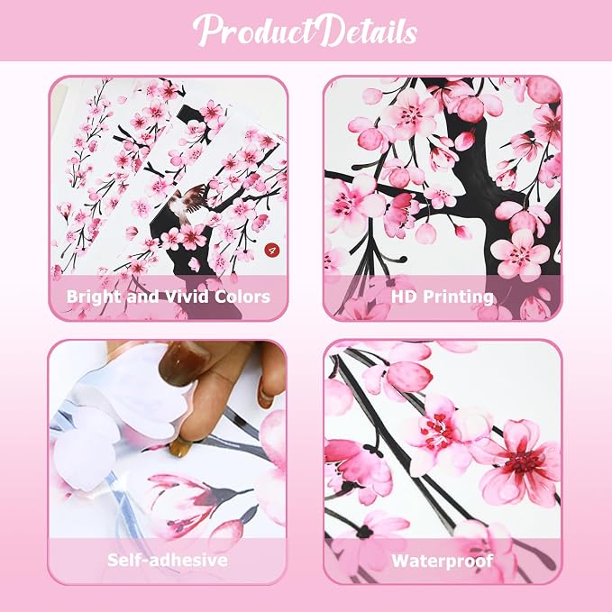 Lilac Wall Decoration 4 Sheets Large Cherry Blossom Tree Wall Stickers | Spring Pink Flower Bird Wall Decals Peel and Stick Wall Murals Decor for Living Room Bedroom (Pink, 11.8 * 35.4inch) - Image 6