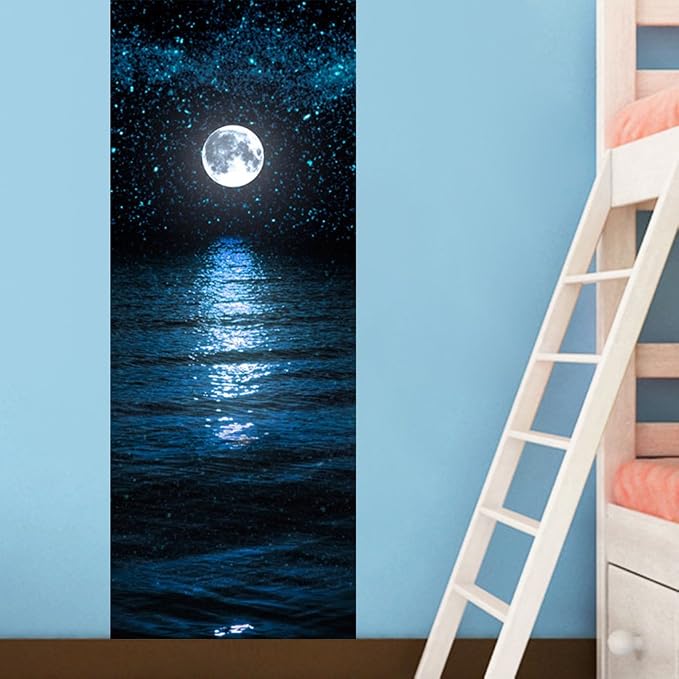Door Stickers Peel Stick Murals-Wall Cover Decorative Decal Moonlit Sea | 30.3"W x 78.7"H, 3D Moonlit Sea Wallpaper，Waterproof Removable Opaque Vinyl Self Adhesive Fake Door Decor for Home Office - Image 4