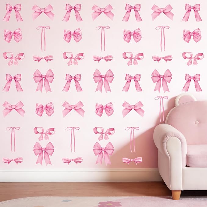 Arawat 8Sheets/56 Pcs Pink Coquette Bow Room Decor for Bathroom Women Bedroom Aesthetic Room Decor Bow wall Decoration for Bedroom Pink Bows wall Stickers Decals Peel and Stick - Image 2