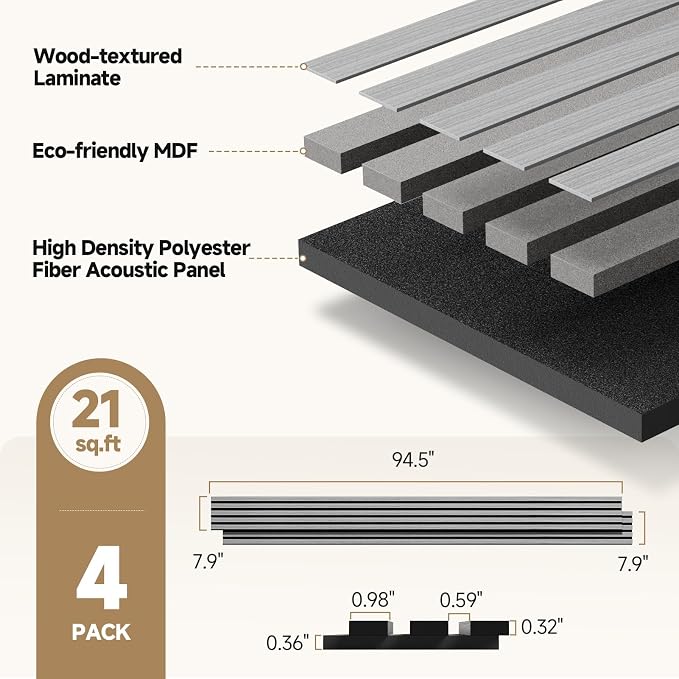 INMOZATA Wood Panels for Wall Acoustic Wood Slat Wall Panels Gray | 3D Fluted, Soundproof Wall Paneling for Interior Accent Wall Decor Living Room Bedroom & Office, 4 Pack 94.5" x 7.9" 21 ft² - Image 5
