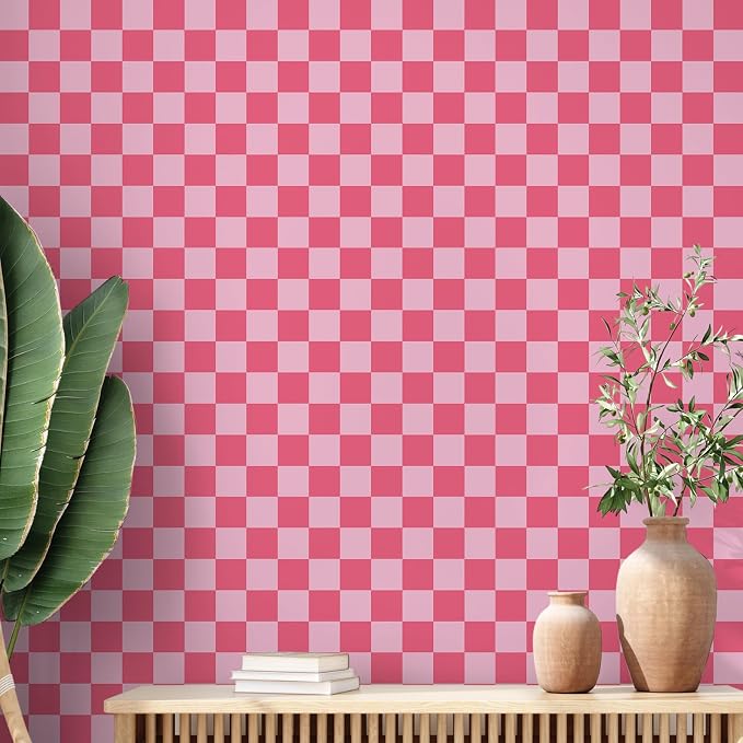 Drydiet Hot Pink Checkered Peel and Stick Wallpaper 15.75'' X 118" | Plaid Funky Checkered Contact Paper, Waterproof Contact Wallpaper, Vintage Gingham Decor for Room Bathroom Cabinet, Trendy by Drydiet