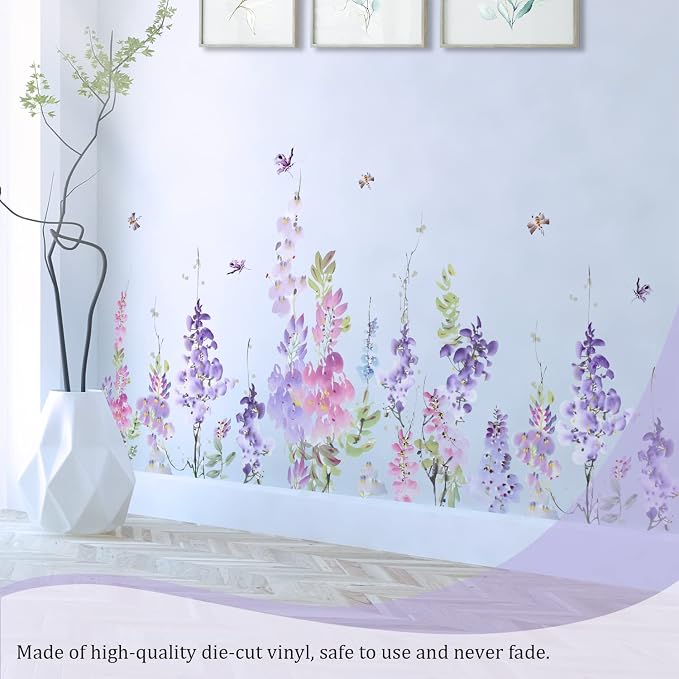 Purple Flowers Wall Decals Peel and Stick, Large Hanging Floral Vinyl Wall Stickers, Removable Vine Home Decor Art for Bedroom Living Room Classroom Office - Image 6