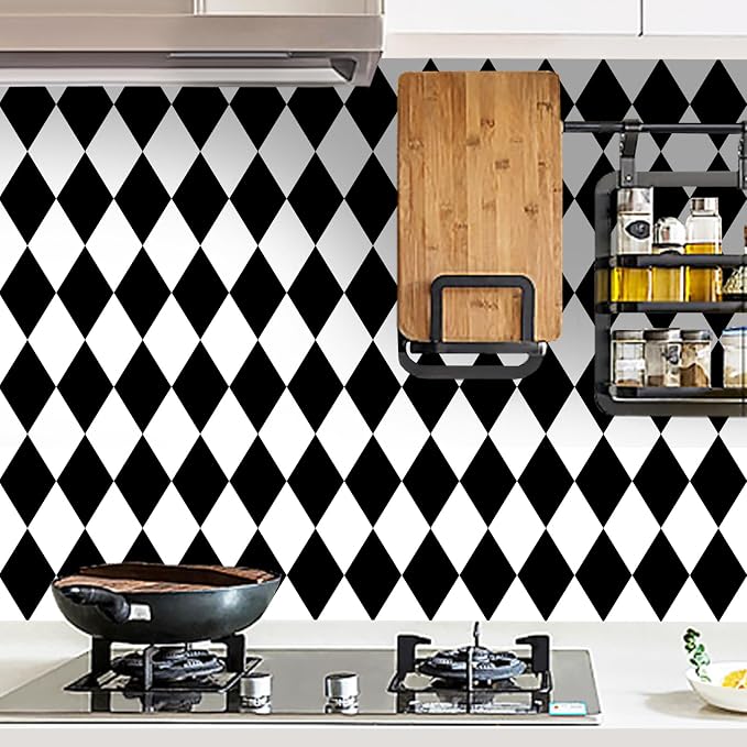 Black and White Peel and Stick Wallpaper Diamond Wallpaper Rhombus Contact Paper Self Adhesive Waterproof Vinyl Roll for Bathroom Kitchen Backsplash Cabinets A Set of 17.3"x480" by Qianglive