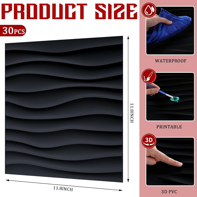 Chunful 30 Pcs 28.81 Sq ft 3D Wall Panels PVC Wave Design,11.8" x 11.8" Wall Panels Brick Wallpaper Waterproof for Interior Living Room Bedroom Decor(Black) | 11.8" x 11.8" Peel and Stick, Wall Panels, Brick, Wallpaper Waterproof, for Interior Living R... - Image 2
