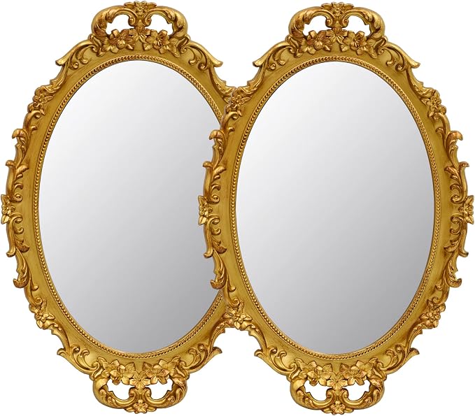 Tstarer 2 Pack - Vintage Decorative Gold Framed Mirror, Wall Hanging Mirrors & Tabletop Tray for Bedroom Living Room Dresser Decor, Oval- 9.6" W x 14.3" L (GOLD-2PACK) by Tstarer