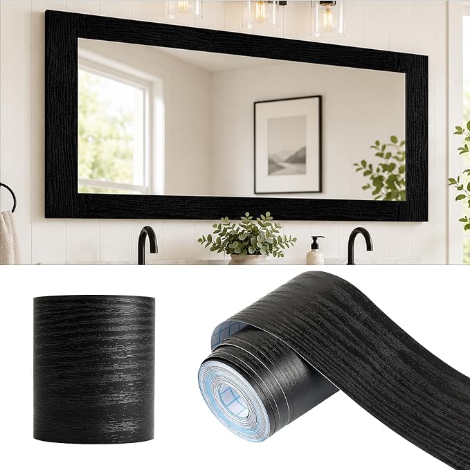 Alened 10M Black Mirror Border Peel and Stick, Wood Grain Wallpaper Border by Alened