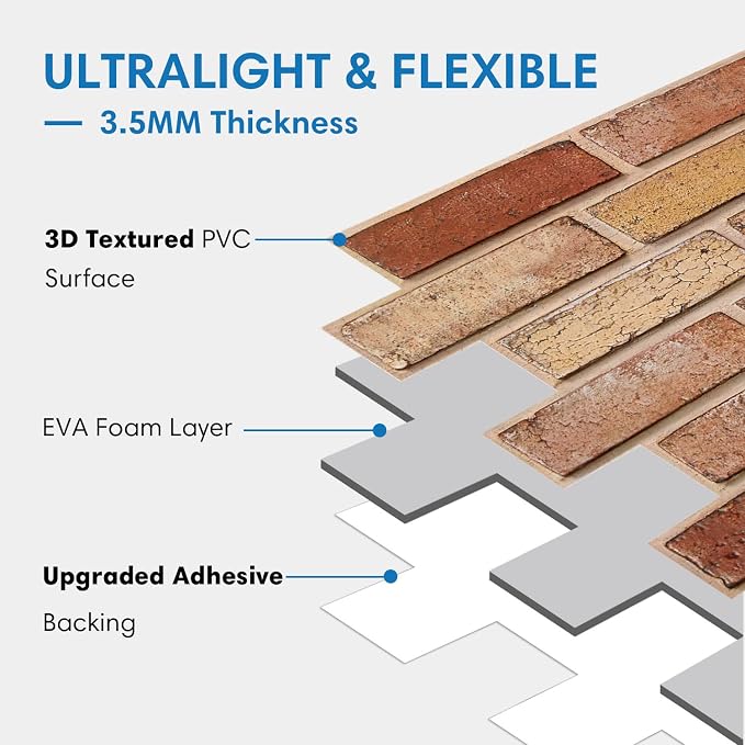 COMSTICKC 3D Faux Brick Wall Panels Peel and Stick Decorative Tiles | 10 Pcs 15.7" x 11.8", Yellow-toned Red, Not Real Brick, Ultra-Light Thin PVC 3D Fake Brick Sticker Wallpaper,Cover 12.9 sq ft - Image 4