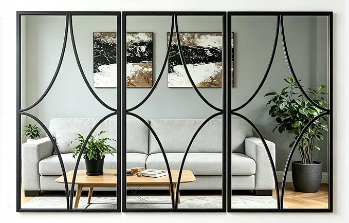 Set of 3 Large Rectangular Wall Mirror, Black Rust Resistant Metal Frame Decorative Mirror,Multi-Shape Layout Wall Mount Mirror for Living Room Bedroom Entryway,Dual Use Decor Grooming by Unknown