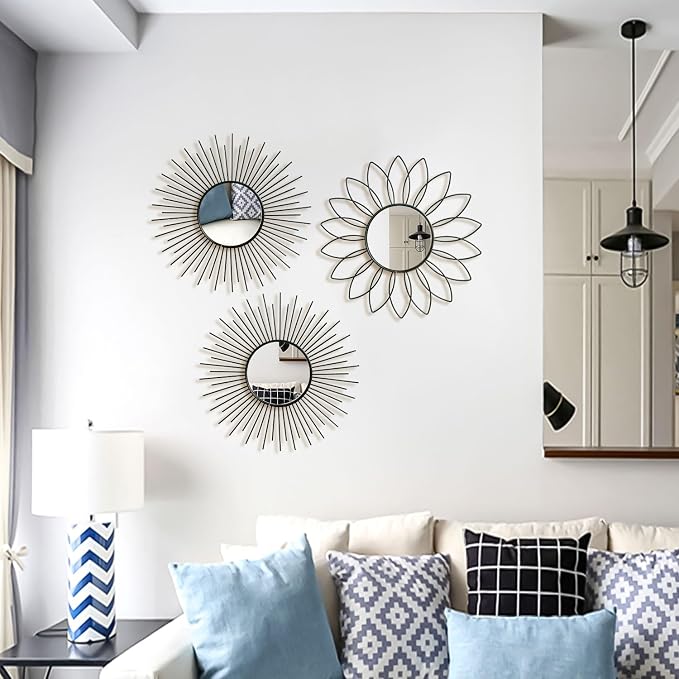 3 Pack Metal Mirrors for Wall Sunburst Wall Mirrors Home Décor Decorative Hanging Wall Art for Living Room Bedroom Entryway (Black2, Flower+Sunburst) - Image 6