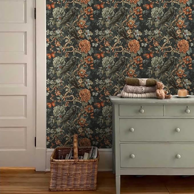 18"x236" Gothic Dark Vintage Flower Birds Peel and Stick Self Adhesive Wallpaper Removable Contact Paper Stick on Easy Peel Off Wall Paper for Kitchen Bedroom Bathroom Renter - Image 3