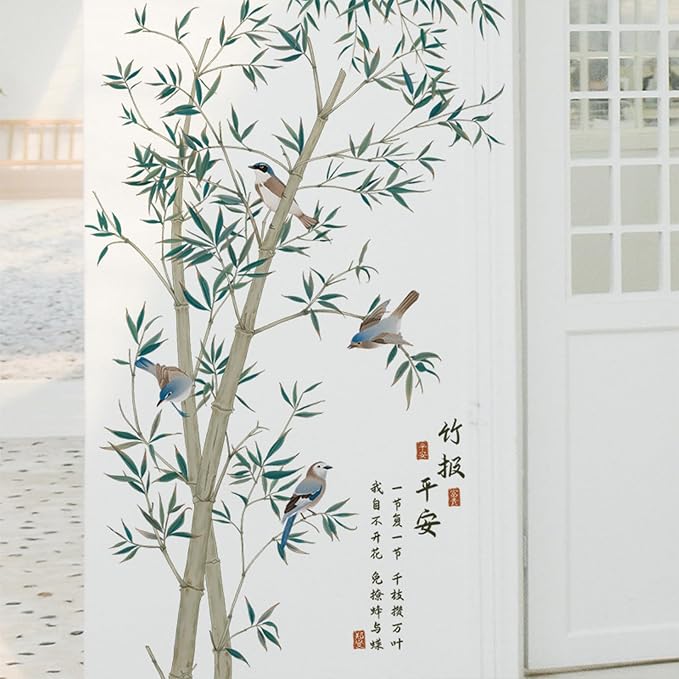 Large Ink Bamboo Wall Stickers, Removable DIY Green Plants Birds Murals Bamboo Decal Peel and Stick Wall Decal 3D Wall Art Stickers Home Decor for Gilrs Bedroom Nursery Rooms Living Room - Image 3
