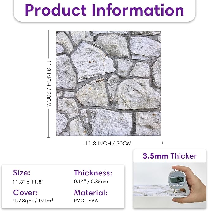 3D Peel and Stick Faux Stone Wall Panels 11.8" x 11.8" 10-Pack | Whitewash Grey, Stone-Look Textured Sticker, Thin Lightweight PVC Self Adhesive Wall Tile for Interior Decor, Cover 9.7 sq ft - Image 4
