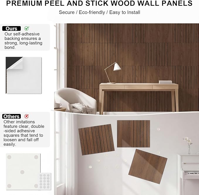 21 Pcs Peel and Stick Wood Slat Wall Panels for Interior Decor 3 Style Self Adhesive Walnut Wood Fluted Decorative Acoustic Wall Panels for Paneling Decor 3D Fluted (Classic) - Image 3