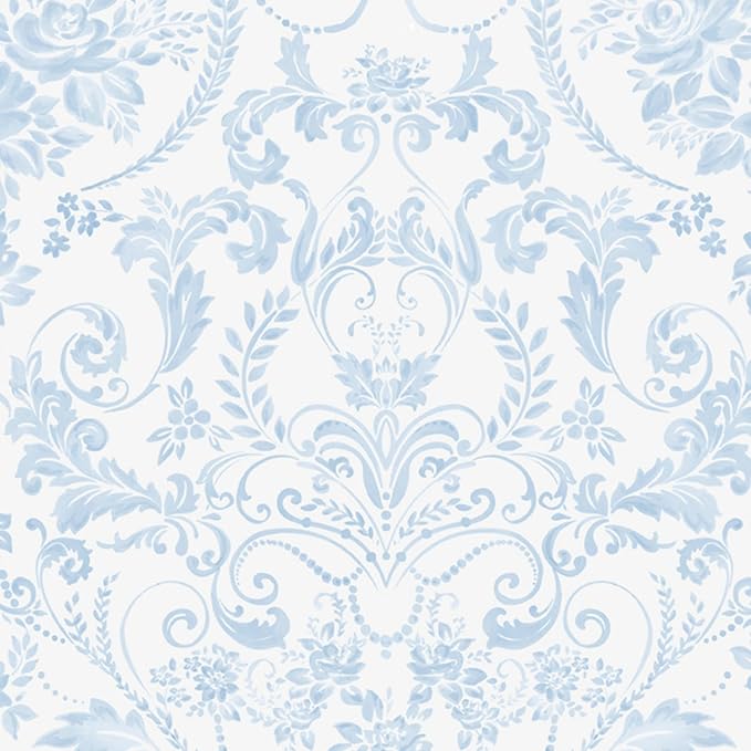 Ismoon Blue and White Wallpaper Floral Peel and Stick Wallpaper 17.3in x 16.4ft Vintage Damask Blue Contact Paper Boho Removable Watercolor Wall Paper for Bedroom Bthroom Kitchen Décor Vinyl by Ismoon
