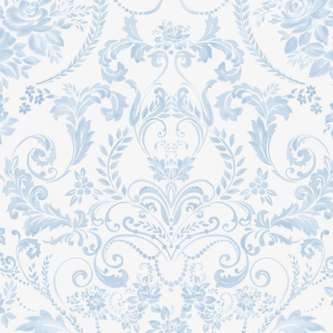 Ismoon Blue and White Wallpaper Floral Peel and Stick Wallpaper 17.3in x 6.56ft Vintage Damask Blue Contact Paper Boho Removable Watercolor Wall Paper for Bedroom Bthroom Kitchen Décor Vinyl by Ismoon