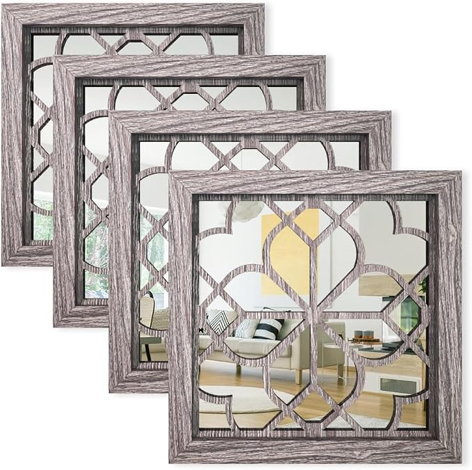Set of 4 14 Inch Square Maroon Window Pane Wall Mirrors, Shatterproof Rustic Farmhouse Boho Vintage Decorative Mirrors for Living Room Bedroom Bathroom Entryway by HMANGE