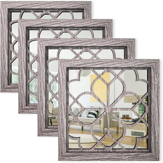 Set of 4 14 Inch Square Maroon Window Pane Wall Mirrors, Shatterproof Rustic Farmhouse Boho Vintage Decorative Mirrors for Living Room Bedroom Bathroom Entryway by HMANGE