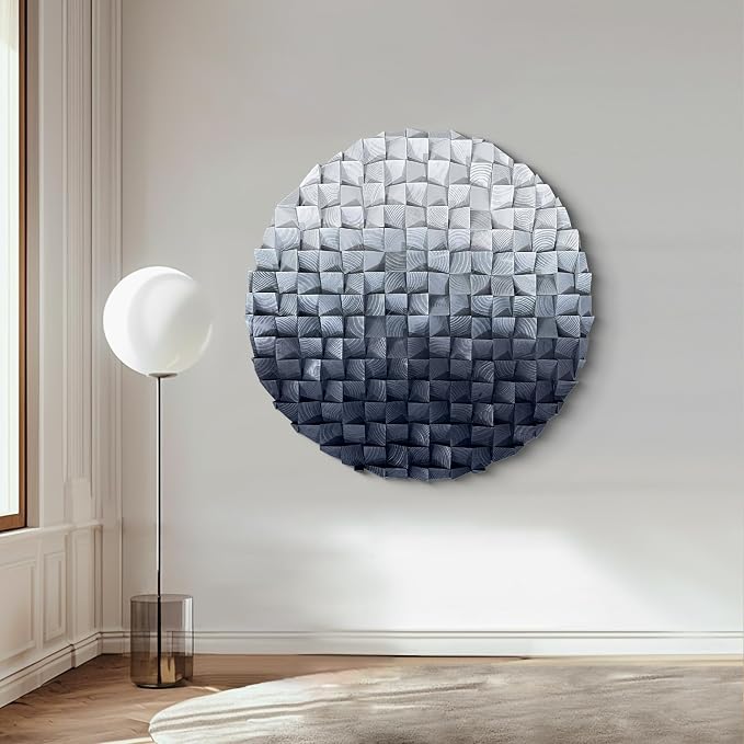 LIUZEYUE Extra Large Monochrome Wood Mosaic, Circular Relief, Wood Texture | monochrome round wood wall sculpture; light-to-dark gray, wall coverage; hotel atrium round focal wall; 59 in diameter - Image 5
