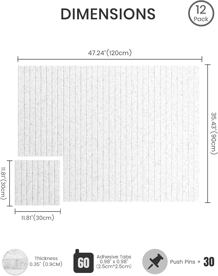 Bumusty 48"x 36" Large Felt Bulletin Board Tiles, Light Gray | 12-Pack Cork Board Alternative, Wall Decor, 30 Pushpins, 60 Adhesive Tabs, Vision Board, Office, Classroom, Home, Dorm - Image 2