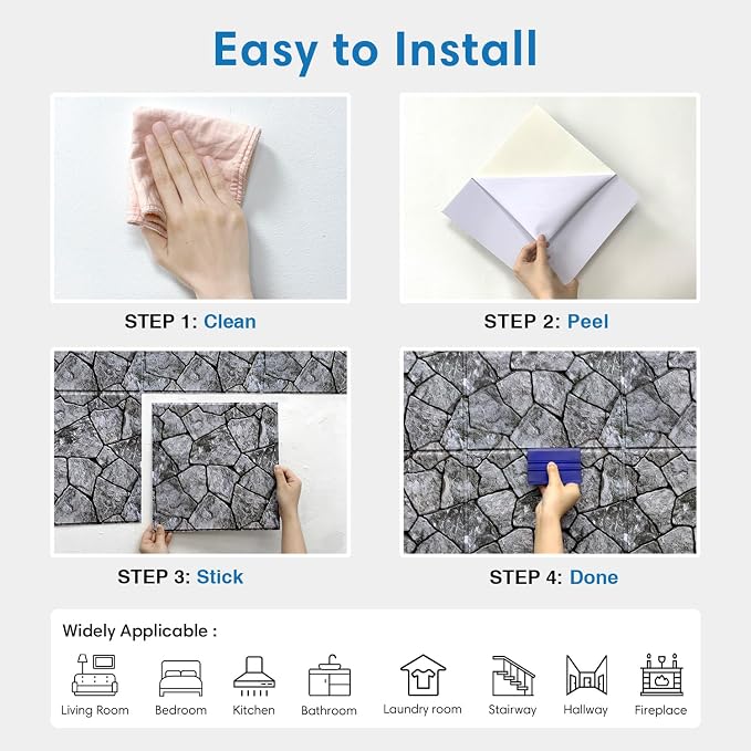 COMSTICKC 3D Peel and Stick Faux Stone Wall Panels for Quick DIY Wall Decor | Dark Gray,10 Pcs 11.8" x 11.8", Not Real Stone, Lightweight Thin PVC Decorative Tiles Wall Sticker Wallpaper, Cover 9.7 sq ft - Image 8