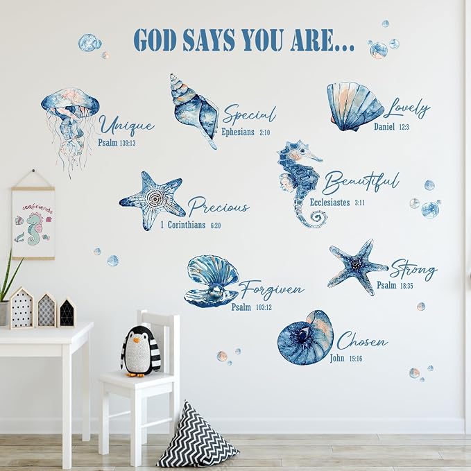 Yovkky Religious God Says You are Inspirational Wall Decals Stickers | Marine Animal Sea Shell Starfish Seahorse Jellyfish Home Bedroom Decor, Coastal Beach Ocean Living Room Kitchen Decorations - Image 3