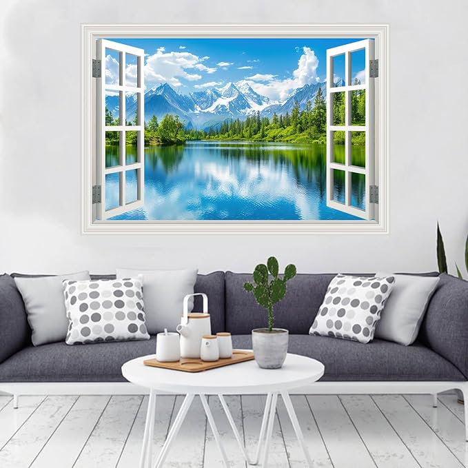 Large Murals 66"x48" Fake Window Wall Mural Sticker Mountain Lake Forest Tree Faux Window Wall Cling Art Picture Office Poster Decals Decor, Stick and Peel Landscape Natural Scenery Scene - Image 7