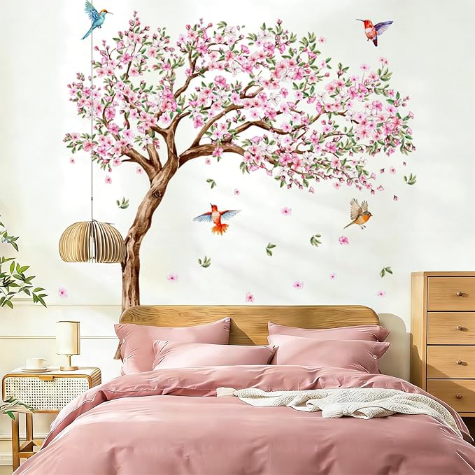 Large Pink Flower Tree Wall Decals Cherry Blossom Floral Branch Wall Stickers Peach Flower Birds Home Art Decals Stickers Living Room Bedroom Tv Background Wall Decor by Prabahdak