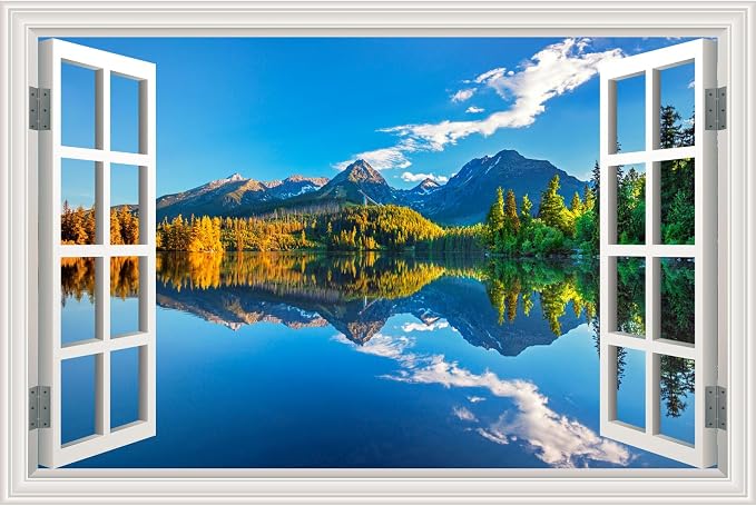 Fake Window Wall Decal- Summer Mountains Lake Forest Open Art Sticker | Faux Window Natural Scenery Landscape Mural ｜ Stick and Peel Wall Decals｜Room Bedroom Office Decor｜48"x32",Set of 2 Sheets by Clickhere