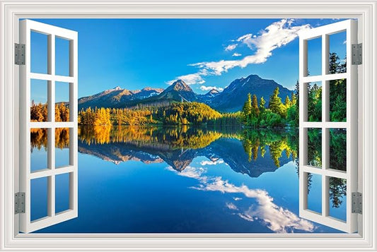 Fake Window Wall Decal- Summer Mountains Lake Forest Open Art Sticker | Faux Window Natural Scenery Landscape Mural ｜ Stick and Peel Wall Decals｜Room Bedroom Office Decor｜48"x32",Set of 2 Sheets by Clickhere