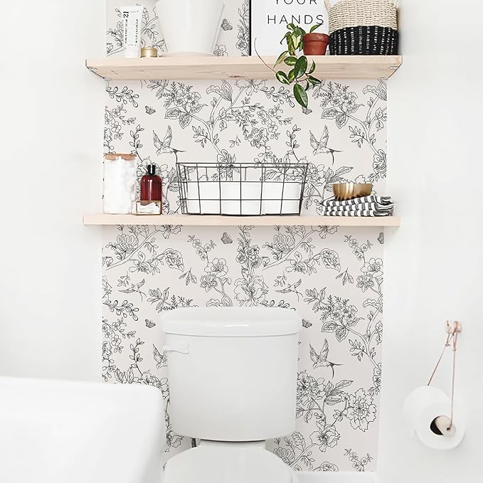 Froluya Black and White Floral Wallpaper Peel and Stick 17.7in×118.1in | Vintage Floral Contact Paper Boho Flowers Birds Removable Self Adhesive Decorative Wallpaper for Bathroom Cabinets - Image 8