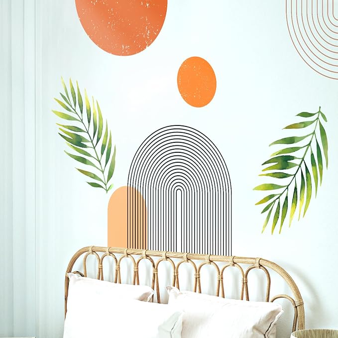 Boho Mid-Century Modern Wall Decals Peel and Stick, Large Archs Sun Vinyl Wall Stickers, Removable Leaves Plants Home Decor Art for Bedroom Living Room Classroom Office - Image 4