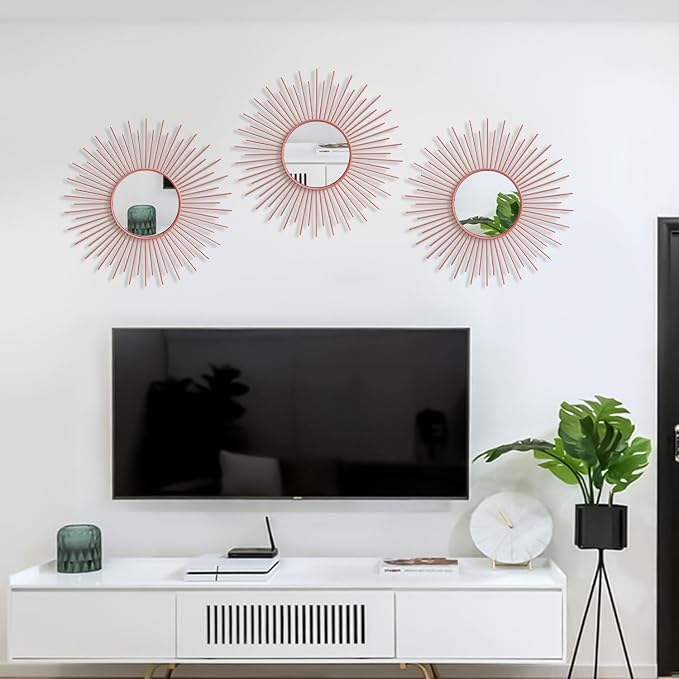 3 Pack Metal Mirrors for Wall Sunburst Wall Mirrors Home Décor Decorative Hanging Wall Art for Living Room Bedroom Entryway (Pink, Sunburst) - Image 5