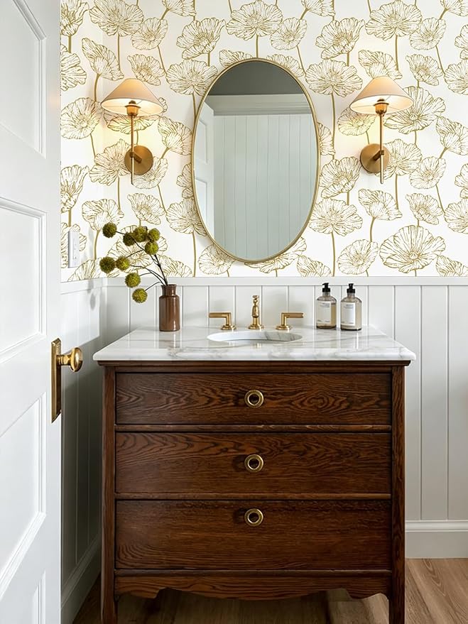 Orainege Floral Peel and Stick Wallpaper Self Adhesive Contact Paper | 17.3inx196.8in Gold and Beige Wallpaper Removable Decorative Wallpapers for Bedroom Bathroom Cabinets Decor Vinyl - Image 3