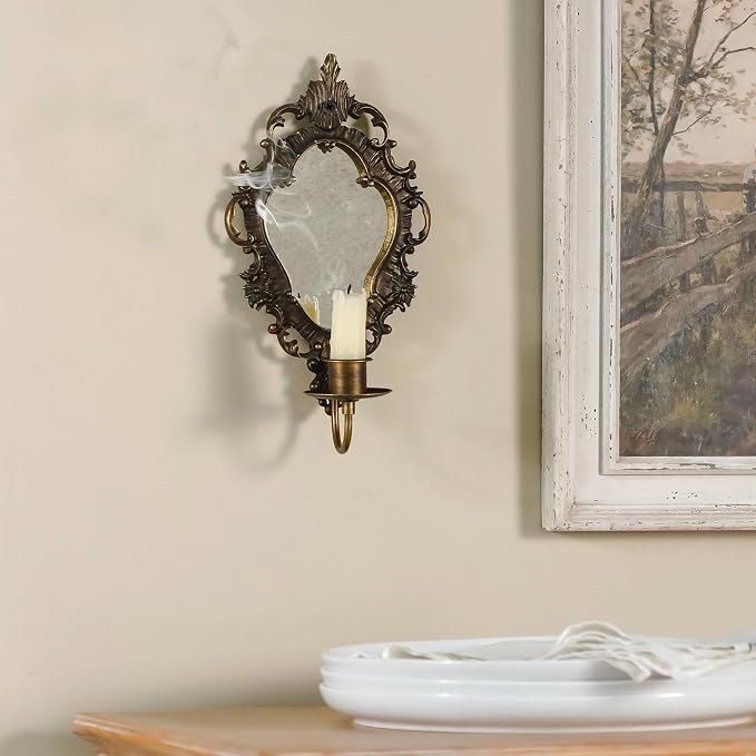 SOFFEE DESIGN Set of 2 Antique Gold Wall Sconces, Vintage Candle Holder with Distressed Mirror & Ornate Frame, for Taper Candles in Bedroom Hallway Decor - Image 9