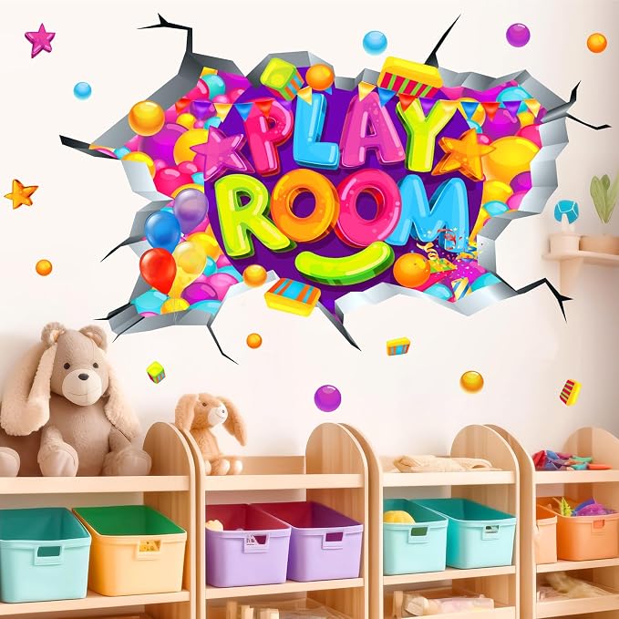 Kids Playroom Wall Decals Colorful 3D Broken Wall Stickers Peel and Stick | Playroom sign, removable vinyl art wall murals, colorful inspirational decoration, for classroom nursery baby bedroom school - Image 6