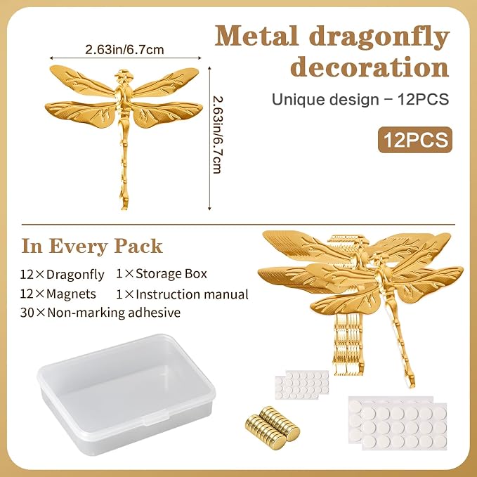 12Pcs Gold Wall Decor, 3D Dragonfly with Removable | Refrigerator Magnets Stickers Decor, Birthday Party Decorations, for Home, Bathroom, Living Room - Image 4