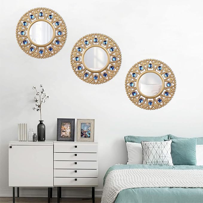 DXYAKY Gold Round Decorative Wall Mirrors Set of 3, Lightweight Plastic Framed Mirrors with Blue Crystal Accents, 9.8 Inch Vintage Boho Wall Decor for Livingroom, Bedroom, Entryway - Image 4