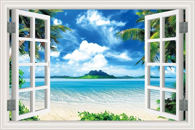‌Lmyhome Fake Window Wall Mural Blue Sky Ocean Beach (16"x24") | Peel and Stick Faux Window Wall Sticker Decal Poster for Bedroom Home Decor by LmyhomeMuralsWallpaper