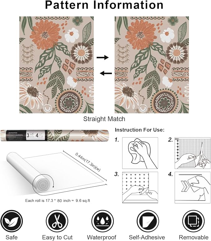 Simon&Siff Boho Sun Floral Retro Peel and Stick Wallpaper 17.3" x 80" | Removable Waterproof Self Adhesive Contact Paper, Renter Friendly for Cabinets, Furniture, Bedroom, Bathroom, DIY Decor - Image 7
