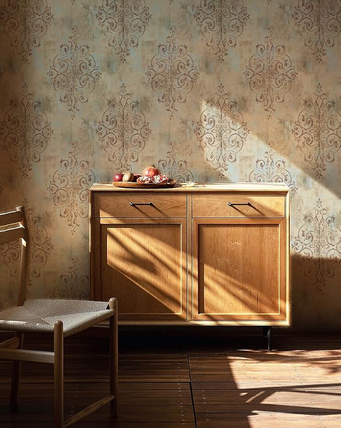 HAOKHOME Vintage Damask Peel and Stick Wallpaper for Bedroom 17.3in x32.8ft | Textured Removable Self Adhesive Wall Paper French Country Victorian Traditional Farmhouse Elegant Mist Blue Brown Bathroom - Image 3