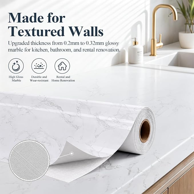 Peel and Stick Wallpaper White Marble Contact Paper for Dry Textured Wall | Wallpaper Self Adhesive for Kitchen Cabinets - Vinyl Wrap Waterproof for Countertop Bedroom Bathroom 15.7'' x 200'' - Image 2