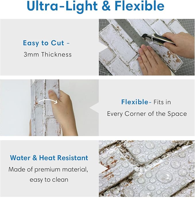 COMSTICKC 3D Faux Brick Wall Panels Peel and Stick, 10 Pcs 11.8" x 11.8" | Retro Whitewash, Not Real Brick, Ultra-Light Thin PVC 3D Fake Brick Wallpaper Decorative Tiles for DIY Interior Decor - Image 5