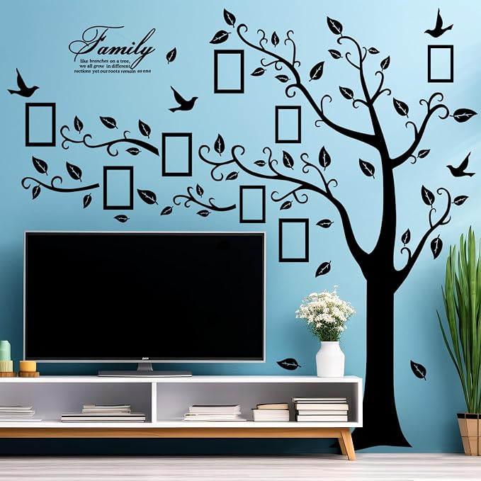 Large Family Photo Tree Wall Sticker 3D Peel and Stick Vinyl Photo Frame Tree Wall Decals Removable Quotes Leaf and Birds Wall Decor for Home Kids Bedroom Living Room Classroom Nursery (Left, Black) - Image 7