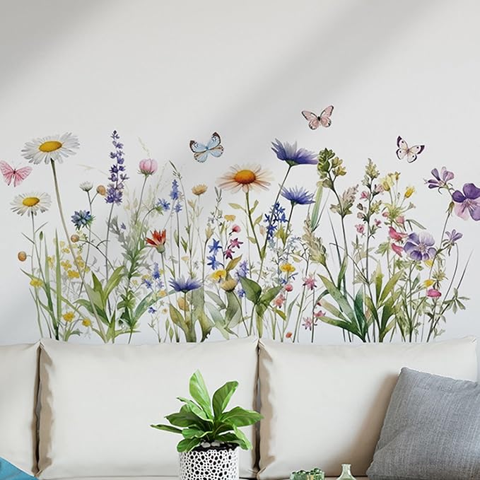Wildflower Grass Daisy Wall Decals, Garden Floral Butterflies Flower Wall Stickers, BWCXXZH Self-Adhesive Wall Art Stickers for Girls Bedroom Living Room Nursery Decor - Image 5