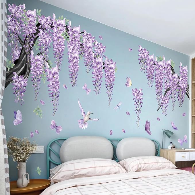 Amaonm 65x42 Inch Large Watercolor Black Tree Branch Wall Decals Peel & Stick Wall Stickers with Purple Flowers Vines, Butterflies & Birds, DIY Removable Wall Art for Living Room, Nursery Decor - Image 3