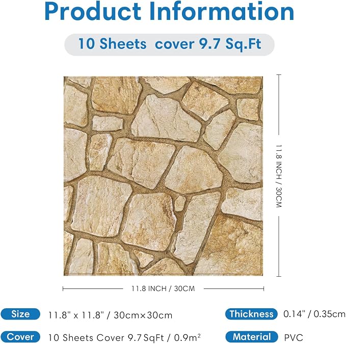 COMSTICKC 3D Faux Stone Wall Panels Peel and Stick, 10 Pcs 11.8" x 11.8" | Yellow, Not Real Stone Wall Wallpaper, Fake Stone Decorative Tiles Wall Covering for Quick DIY Wall Upgrades, Cover 9.7 sq ft - Image 5