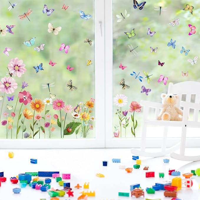 80 Pieces Flowers Butterflies Wall Decals Chrysanthemums Dragonflies Wall Sticker Flowers Peel and Stick Art Removable PVC Garden Decal for Kids Room Nursery Classroom Bedroom Decor, Colorful - Image 5